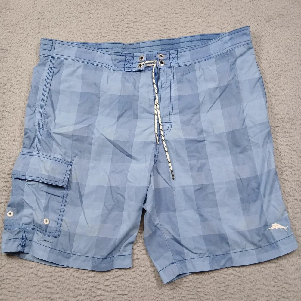 Tommy Bahama‎ Board Shorts Mens Large Blue Check Nylon Swim Trunks Relax Pocket
